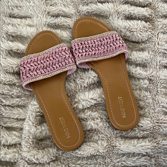 Nine West Shoes - Women’s Nine West Pink and Brown Crochet Slide Sandals Size 9.5